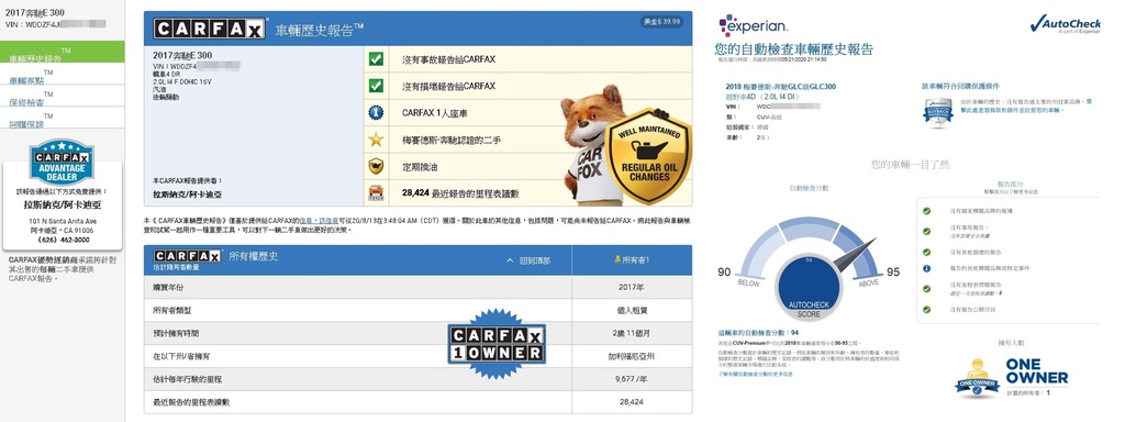 上面左邊這張是Carfax報告，也是一些美國中古車網站會提供的報告，最常聽到綠色雙勾勾也是出自這份報告，第一個勾勾是指沒有事故紀錄，第二個勾勾是說沒有損壞紀錄，另外也有顯示一些資料，例如歷史車主、是否定期保養、是不是CPO原廠認證...等，資料算是非常齊全，那Carfax資料是哪裡來的呢?主要是車商與保險公司來的，並且因為美國關於汽車的法律屬於聯邦法，非常嚴格，所以報告上不敢做假；那另一份報告是Autocheck，最常遇到車友問說，為什麼要查雙報告，只查一份不行嗎?基本上都建議兩份報告都要查唷，因為資料來源不一樣，Autocheck資料來自於美國監理所DMV，兩份報告如果一致，那基本上就是100%的真實性，那極少數情況會發生雙報告不一樣的地方，那就要去問車商了解車子狀況，這兩份報告相當重要，記得!在購車前要了解車子狀況，才能在後續領到車後能開心並且安心的上路。