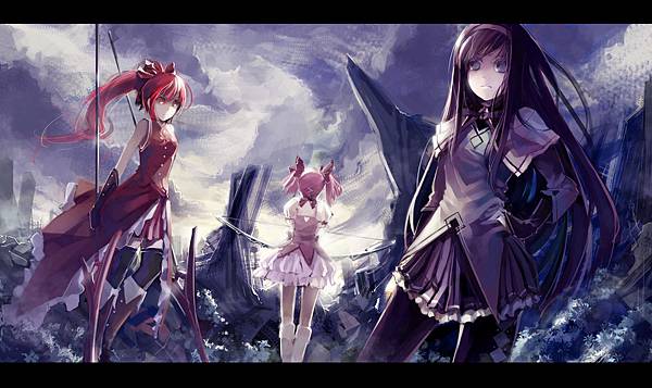 Konachan.com - 98379 akemi_homura blueman bow bow_(weapon) kaname_madoka mahou_shoujo_madoka_magica pink_hair red_hair sakura_kyouko spear weapon