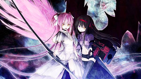 Konachan.com - 103322 2girls akemi_homura bow bow_(weapon) gun kaname_madoka lo_(rogu_ryouiki) long_hair mahou_shoujo_madoka_magica pink_hair thighhighs weapon wings