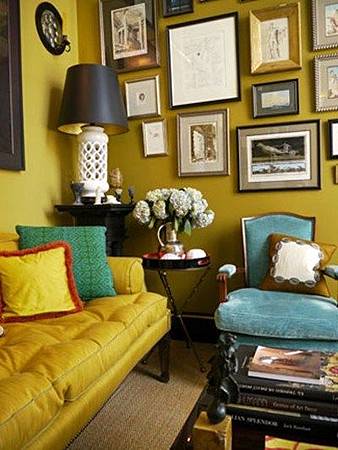 yellow-sofa-home-wall-gallery-art-decor-eclectic-ideas-blue-chair-green-walls-chartreuse-colors