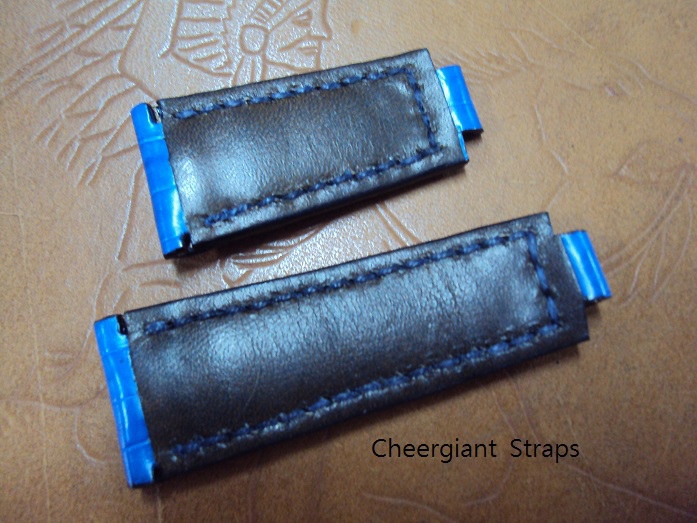 Rolex Daytona croco strap, 20x16(9)mm, 43x60mm, thick 6.0mm taper to 3.0mm, padded croco strap, match stitch, dark blue calf lining