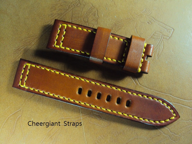 Zenith Pilot custom strap, 23x22mm fits 22mm replaced  buckle, 75x125mm, thick 4.0mm, honey brown ultrasoft calf strap, yellow stitch. 02