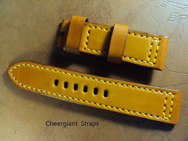 Zenith Pilot custom strap, 23x22mm fits 22mm replaced  buckle, 75x125mm, thick 4.0mm,coco tan vintage cowskin strap, yellow stitch. 01