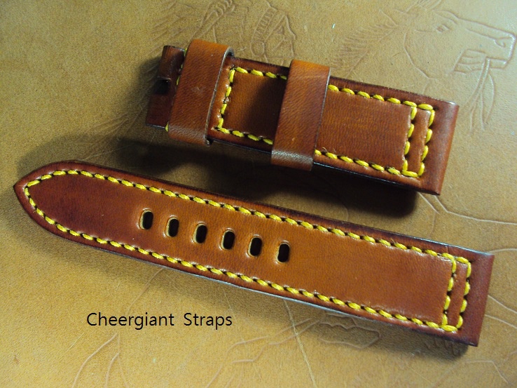Zenith Pilot custom strap, 23x22mm fits 22mm replaced  buckle, 75x125mm, thick 4.0mm, honey brown ultrasoft calf strap, yellow stitch. 01