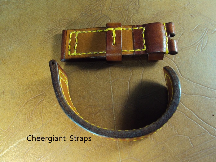 Zenith Pilot custom strap, 23x22mm fits 22mm replaced  buckle, 75x125mm, thick 4.0mm, honey brown ultrasoft calf strap, yellow stitch 03