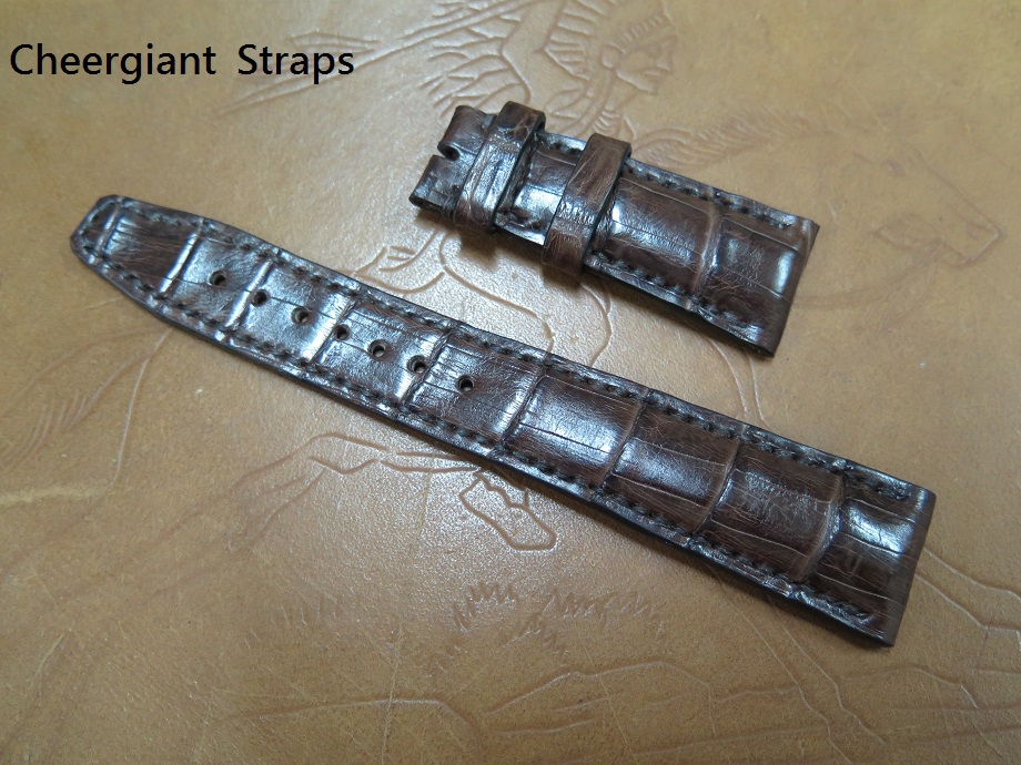 IWC padded dark brown croco strap, 22x18mm, 60x135mm, thick 6.5mm taper to 2.2mm, match stitch. 01 