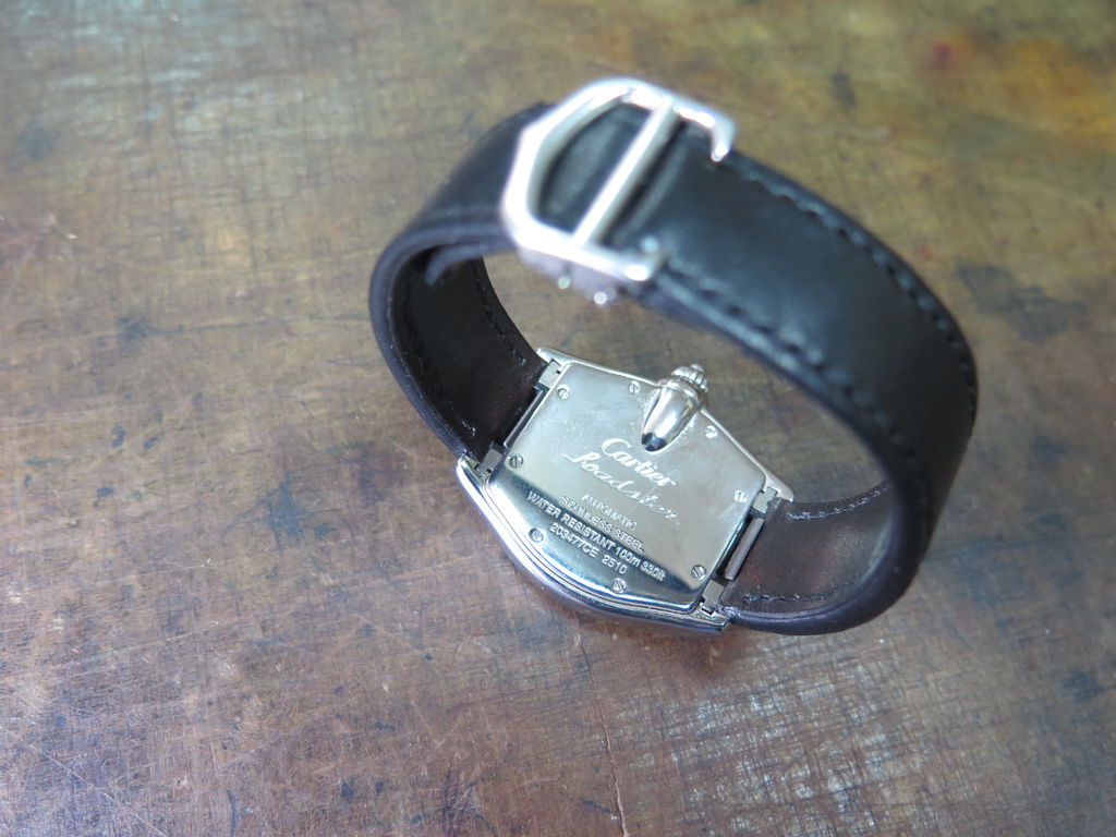 Cartier Roadster  quick change custom deployant strap, 19x17.8mm, 115x115mm, thick 5.6mm taper to 1.6mm, black cowskin strap, black stitch. 10