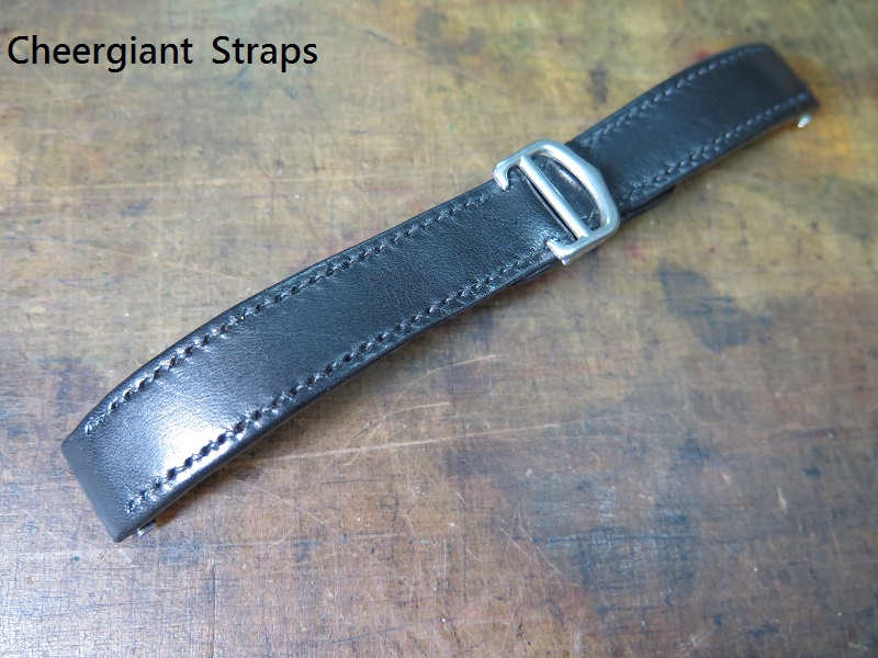 Cartier Roadster  quick change custom deployant strap, 19x17.8mm, 115x115mm, thick 5.6mm taper to 1.6mm, black cowskin strap, black stitch. 01