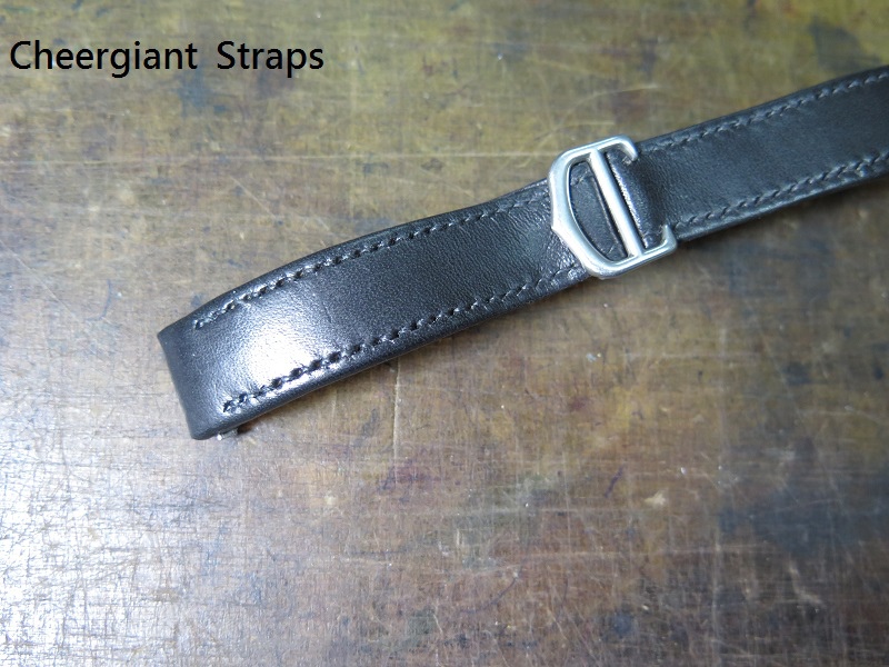 Cartier Roadster  quick change custom deployant strap, 19x17.8mm, 115x115mm, thick 5.6mm taper to 1.6mm, black cowskin strap, black stitch. 02