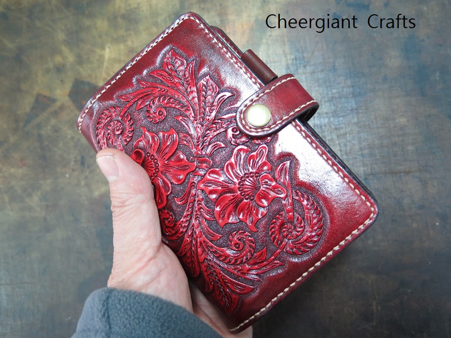 A7 Personal Organisers, hand carved pattern A leather crafts. A7 手工皮雕萬用手冊唐草圖案 A 紅色系 02 