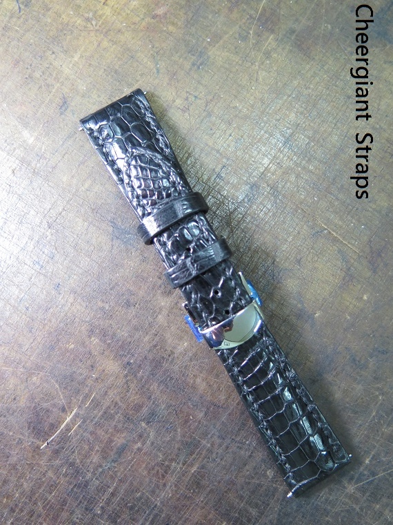 Rolex Milgauss black padded croco strap, 20x16mm, 65x113mm, thick 5.5mm taper to 2.8mm, black stitch. 02