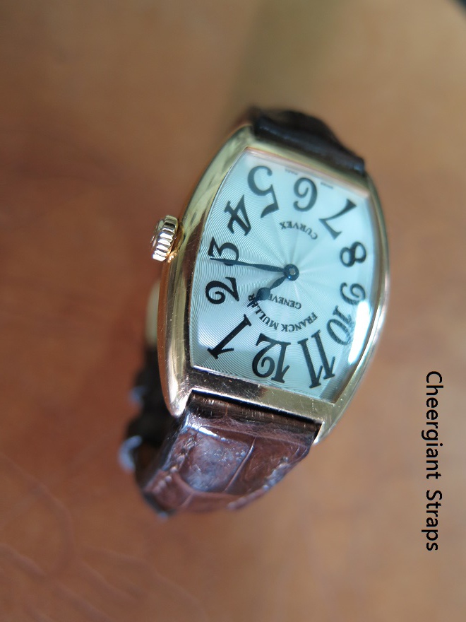 Franck Muller Curvex chocolate brown padded croco strap, 16x14mm, 63x110mm, thick 2.8mm at tail, match stitch. 07