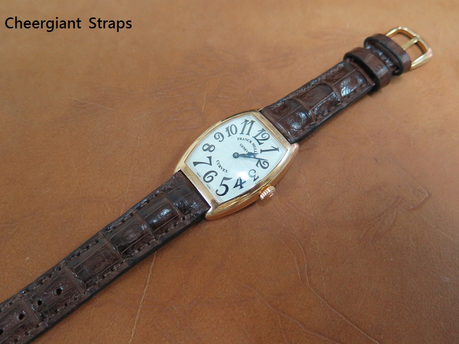 Franck Muller Curvex chocolate brown padded croco strap, 16x14mm, 63x110mm, thick 2.8mm at tail, match stitch. 02