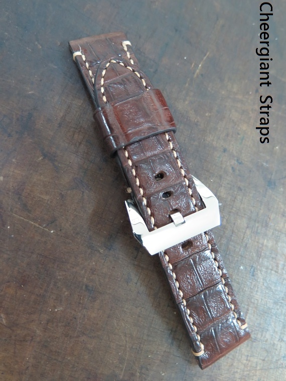 Panerai brown croco belly strap, 24x24mm, 73x130mm, thick 4.0mm, cream stitch. 02