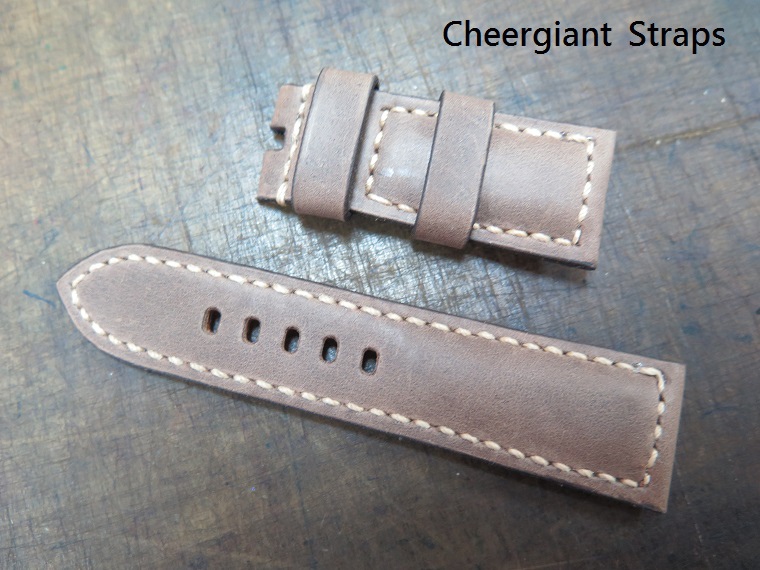 Panerai padded brown vintage cowskin strap, 24x22mm, 62x110mm, thick 6.0mm taper to 3.2mm, cream stitch. 01 