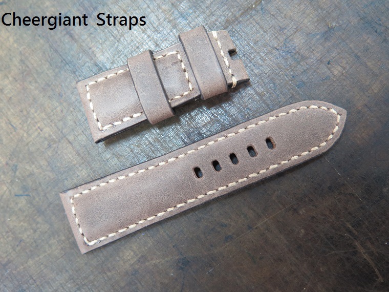Panerai padded brown vintage cowskin strap, 24x22mm, 62x110mm, thick 6.0mm taper to 3.2mm, cream stitch. 02