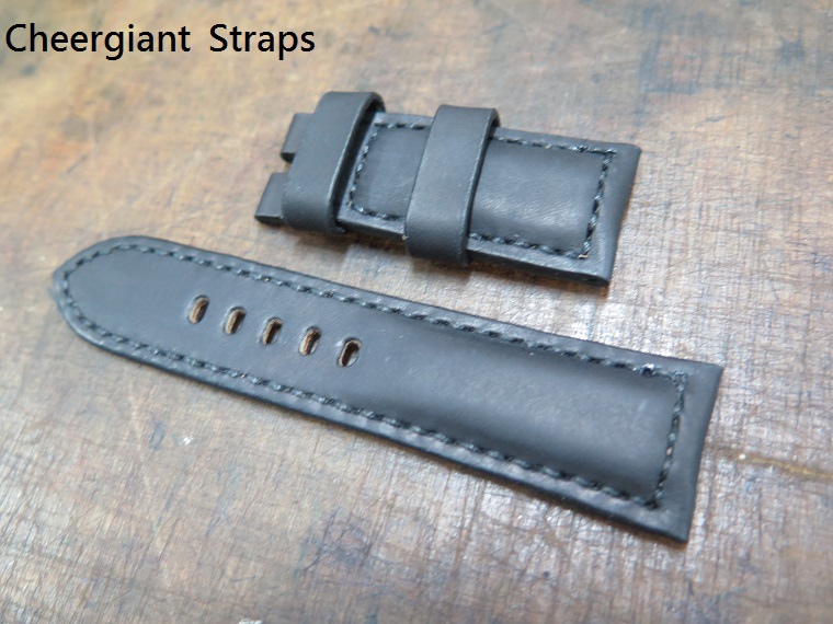 Panerai padded black crazy horse strap, 24x22mm, 62x110mm, thick 6.0mm taper to 3.2mm, cream stitch. 03