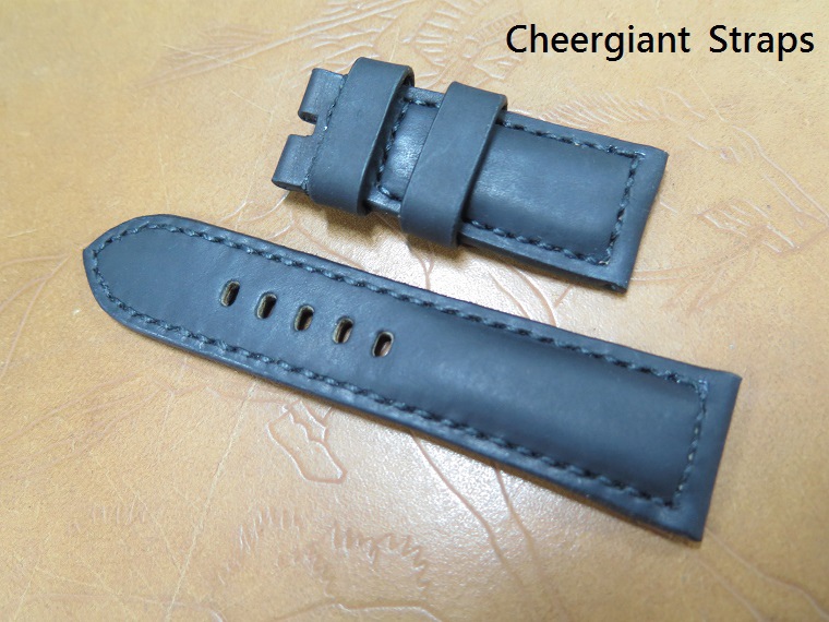 Panerai padded black crazy horse strap, 24x22mm, 62x110mm, thick 6.0mm taper to 3.2mm, cream stitch. 01 