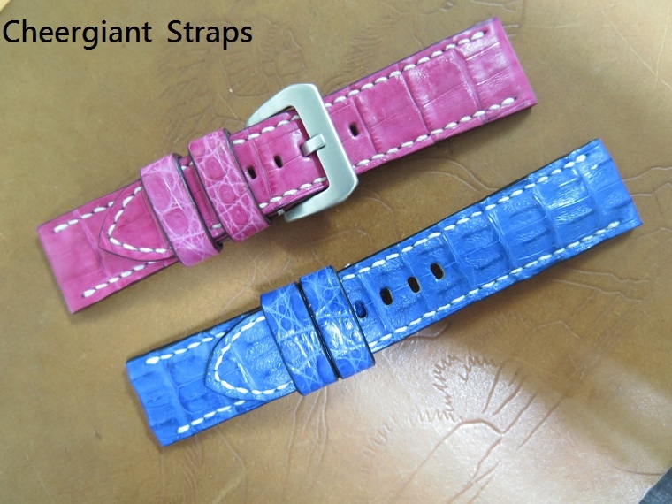 Panerai navy blue little horn croco strap & pink croco strap, 24x22mm, 65x115mm, white stitch. 