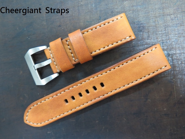 Panerai coco honey brown vintage cowskin strap, 24x24mm, 80x140mm, thick 5.5mm taper to 3.0mm, cream stitch. 02 