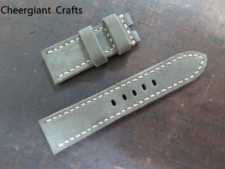 Panerai military green  nubuck cowskin strap, 22x20mm, 60x110mm, thick 4.8mm taper to 3.3mm, cream stitch. 02