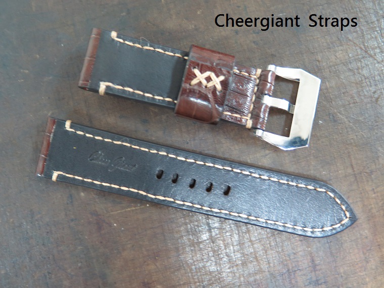 Panerai brown croco belly strap, 24x24mm, 73x130mm, thick 4.0mm, cream stitch, dyed and burnished edges, black calf lining.