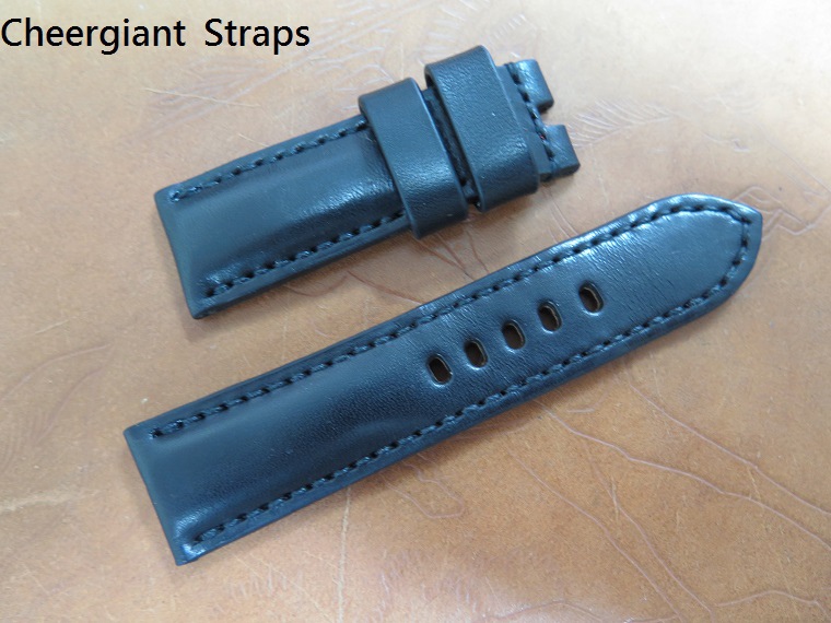 Panerai Padded black vintage cowskin strap, 24x22mm, 75x115mm, thick 6.0mm taper to 3.0mm, black stitch. 02