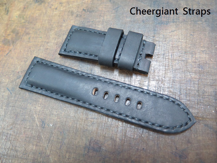 Panerai padded black crazy horse strap, 24x22mm, 62x110mm, thick 6.0mm taper to 3.2mm, cream stitch. 04