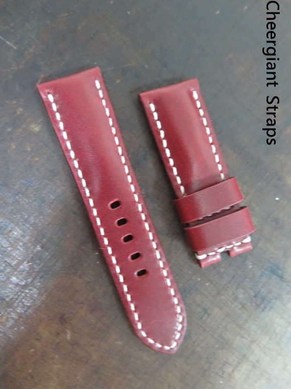 Panerai Padded burgundy cowskin strap, 24x22mm, 75x115mm, thick 6.0mm taper to 3.0mm, white stitch. 02