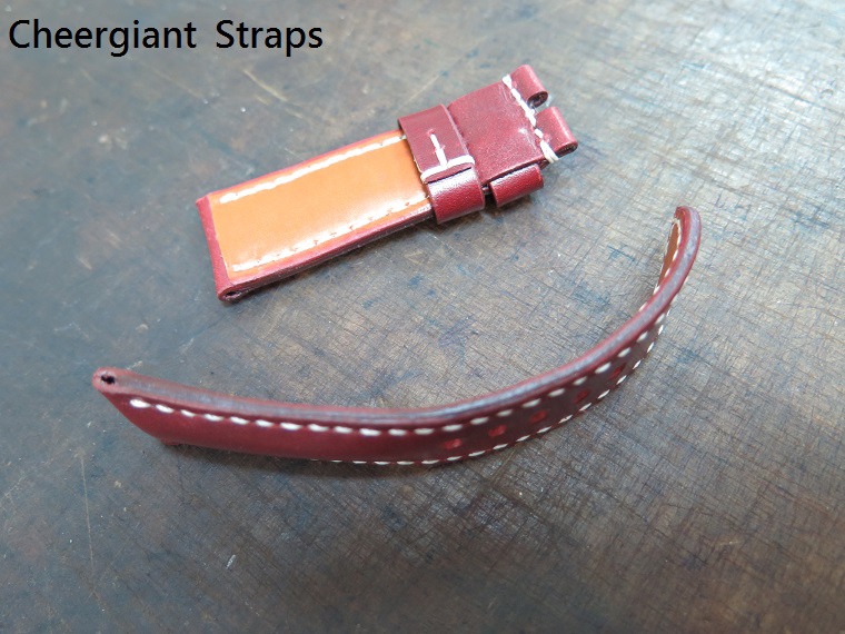 Panerai Padded burgundy cowskin strap, 24x22mm, 75x115mm, thick 6.0mm taper to 3.0mm, white stitch. 03