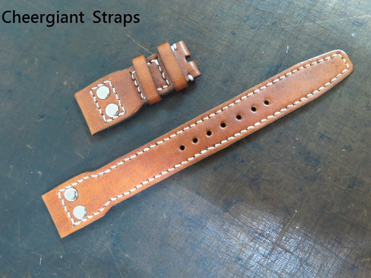 IWC Pilot honey brown cowskin strap, 21x18mm, 55x145mm, thick 4.0mm taper to 3.0mm,  ivory white  stitch. 02 