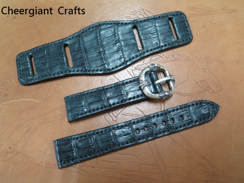 Rolex bund style matte black crocodile strap, 44(28)x145 & 20x18mm, 75x125mm, thick 3.5mm taper to 2.8mm. 02 