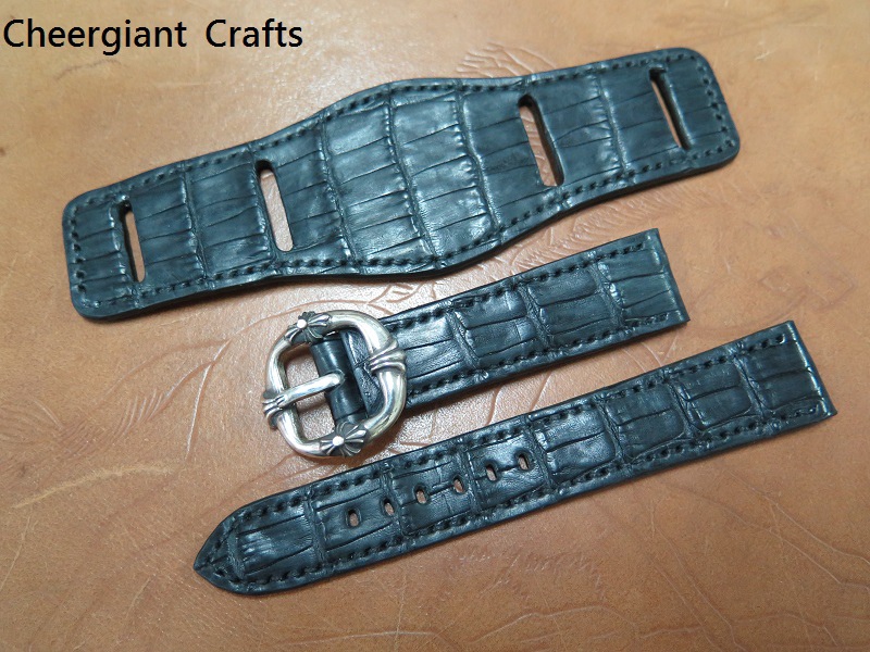 Rolex bund style matte black crocodile strap, 44(28)x145 & 20x18mm, 75x125mm, thick 3.5mm taper to 2.8mm. 03 