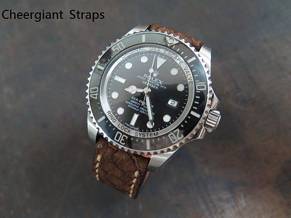 Rolex Deepsea brown Italian ice cracks cowskin strap, 20x20mm, 70x115mm, thick 4.5mm taper to 3.5mm, cream stitch. 05 