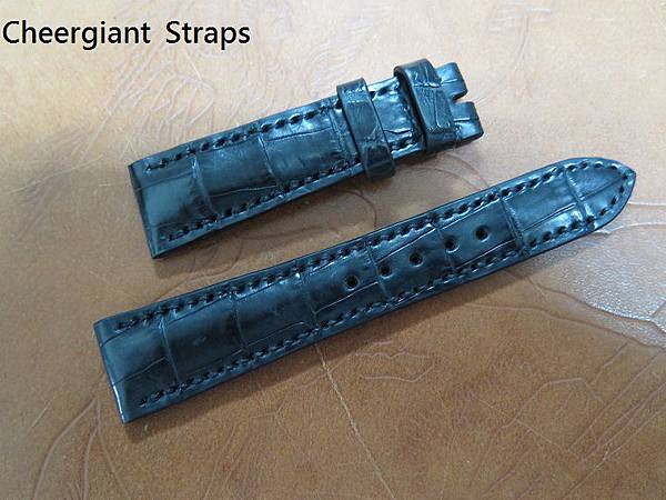 Rolex18038 black padded croco belly strap, 20x16mm, 70x110mm, thick 4.5mm taper to2.5mm, black stitch. 02