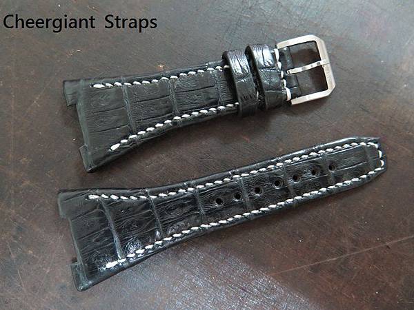 IWC Ingenieur Da Vinci black croco belly strap, 32x18mm, 80x110mm, thick 5.5mm taper to 3.0mm, white stitch. 08