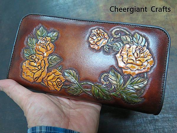 Double zipper leather wallet, Rose hand carved pattern.玫瑰皮雕雙拉鍊真皮皮包. 07