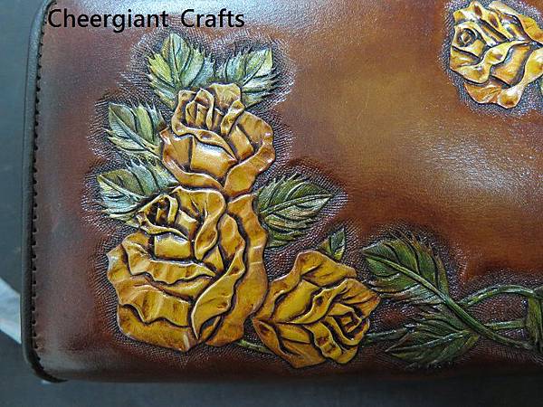 Double zipper leather wallet, Rose hand carved pattern.玫瑰皮雕雙拉鍊真皮皮包. 03