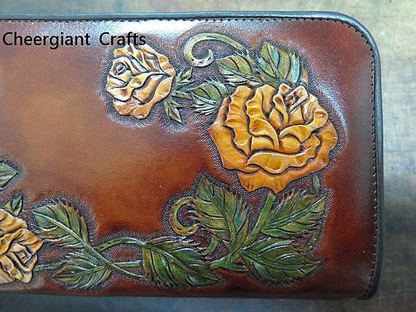 Double zipper leather wallet, Rose hand carved pattern.玫瑰皮雕雙拉鍊真皮皮包. 04
