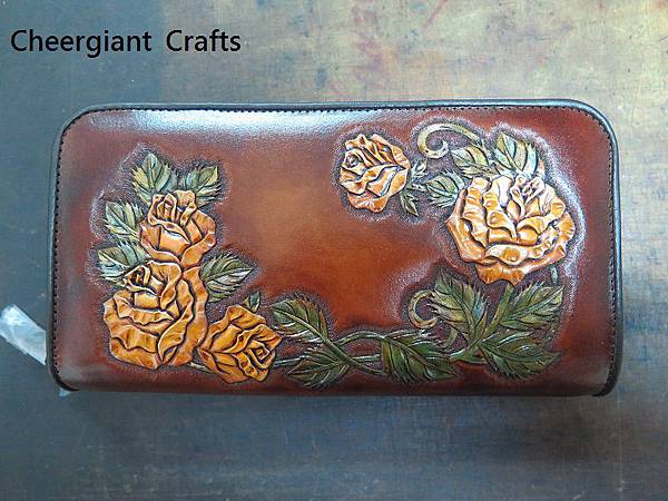 Double zipper leather wallet, Rose hand carved pattern.玫瑰皮雕雙拉鍊真皮皮包. 01