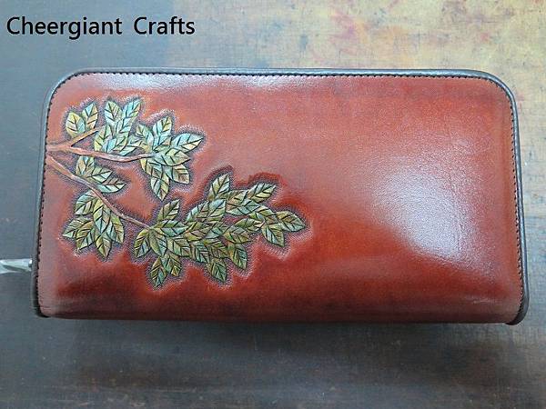 Double zipper leather wallet, Owl hand carved pattern.貓頭鷹雙拉鍊真皮皮包. 04