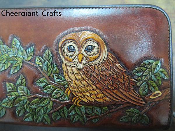 Double zipper leather wallet, Owl hand carved pattern.貓頭鷹雙拉鍊真皮皮包. 02