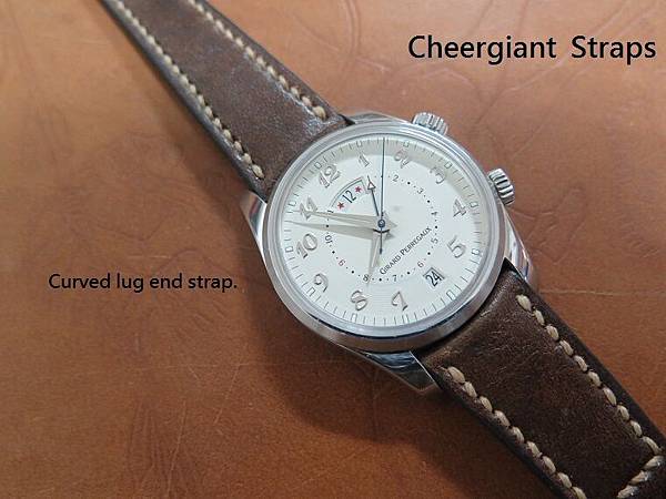Girard Perregaux curved lug end gray vintage cowskin strap, 21x16mm, 50x118mm, thick 5.1mm taper to2.8mm, cream stitch. 08