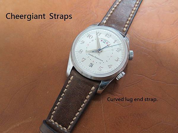 Girard Perregaux curved lug end gray vintage cowskin strap, 21x16mm, 50x118mm, thick 5.1mm taper to2.8mm, cream stitch. 07