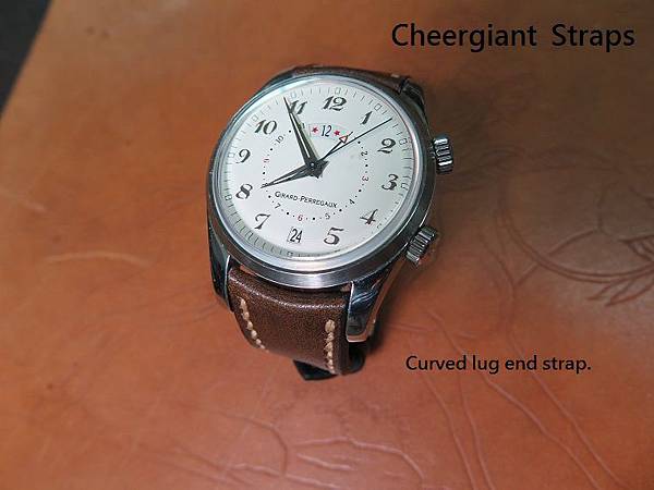 Girard Perregaux curved lug end gray vintage cowskin strap, 21x16mm, 50x118mm, thick 5.1mm taper to2.8mm, cream stitch. 02 