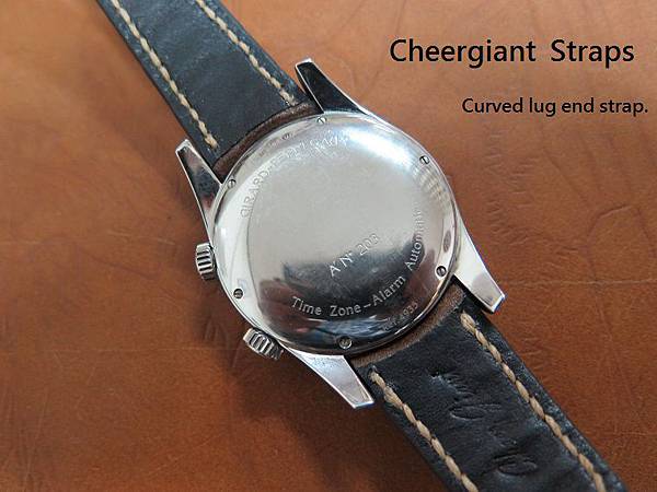 Girard Perregaux curved lug end gray vintage cowskin strap, 21x16mm, 50x118mm, thick 5.1mm taper to2.8mm, cream stitch. 09