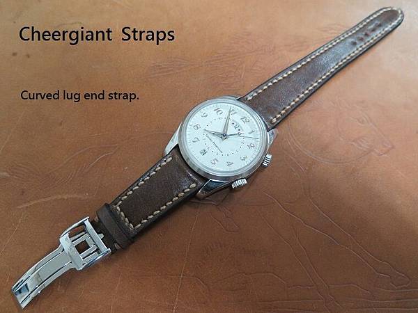 Girard Perregaux curved lug end gray vintage cowskin strap, 21x16mm, 50x118mm, thick 5.1mm taper to2.8mm, cream stitch. 06