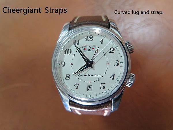 Girard Perregaux curved lug end gray vintage cowskin strap, 21x16mm, 50x118mm, thick 5.1mm taper to2.8mm, cream stitch. 03