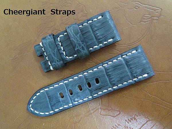 Panerai gray crocodile strap, 24x22mm, 60x95mm, thick 4.0mm taper to3.0mm, white stitching. 01 