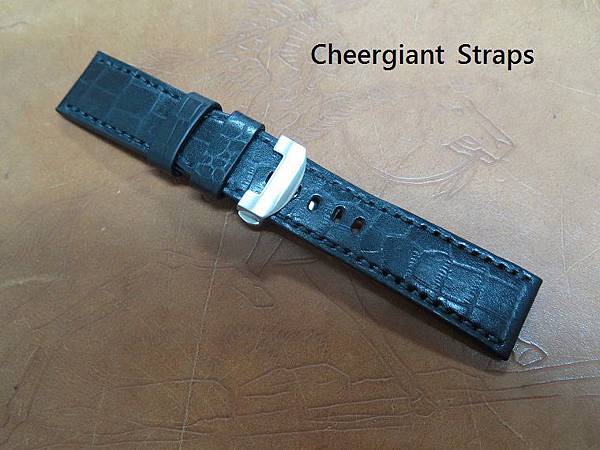 Panerai black crococalf deployant strap, 24x22mm, 75x115mm, thick 5.5mm taper to 1.9mm, black stitch. 01